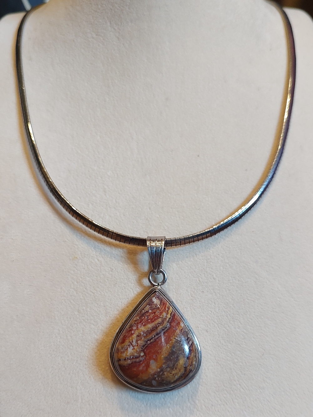925 Sterling Crazy Lace Agate Teardrop Pendant And 18-in Stainless Omega Chain